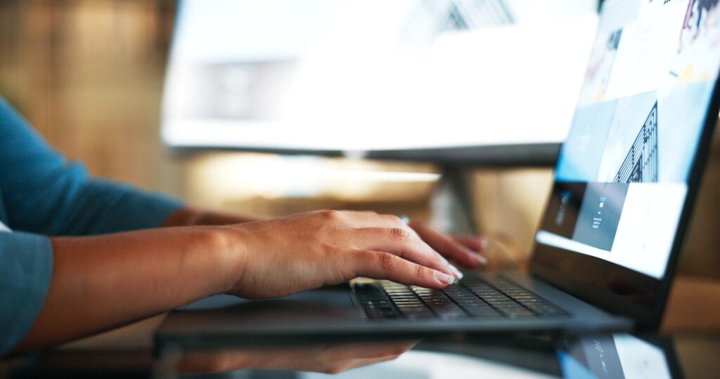 Research, laptop and hands of business woman and typing for planning, web design and advertising id